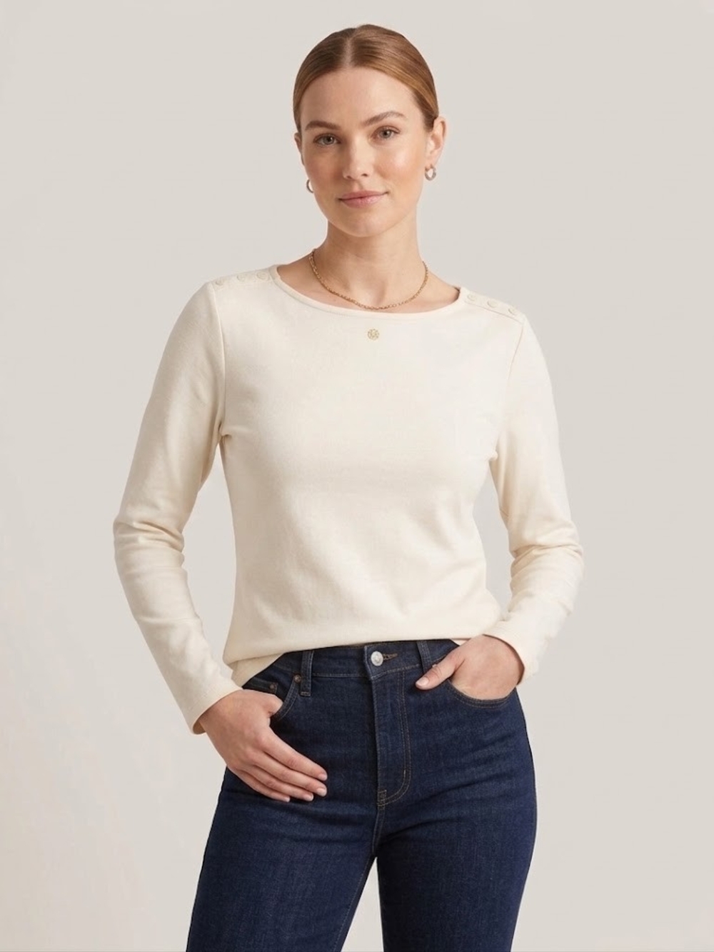 Spartina 449 Cream Long-Sleeve Crewneck Top with Shoulder Buttons